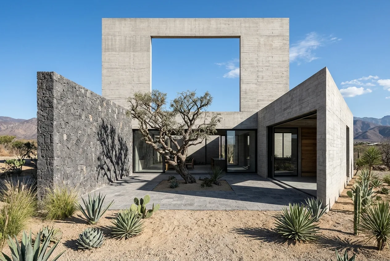 Casa de concreto con muro de piedra volcánica y patio abierto en un valle semiárido