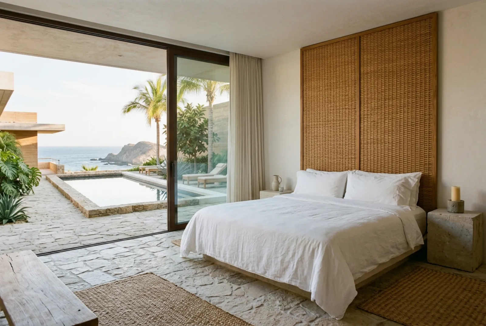 Habitación abierta al mar con cama de lino blanco y cabecera de palma tejida