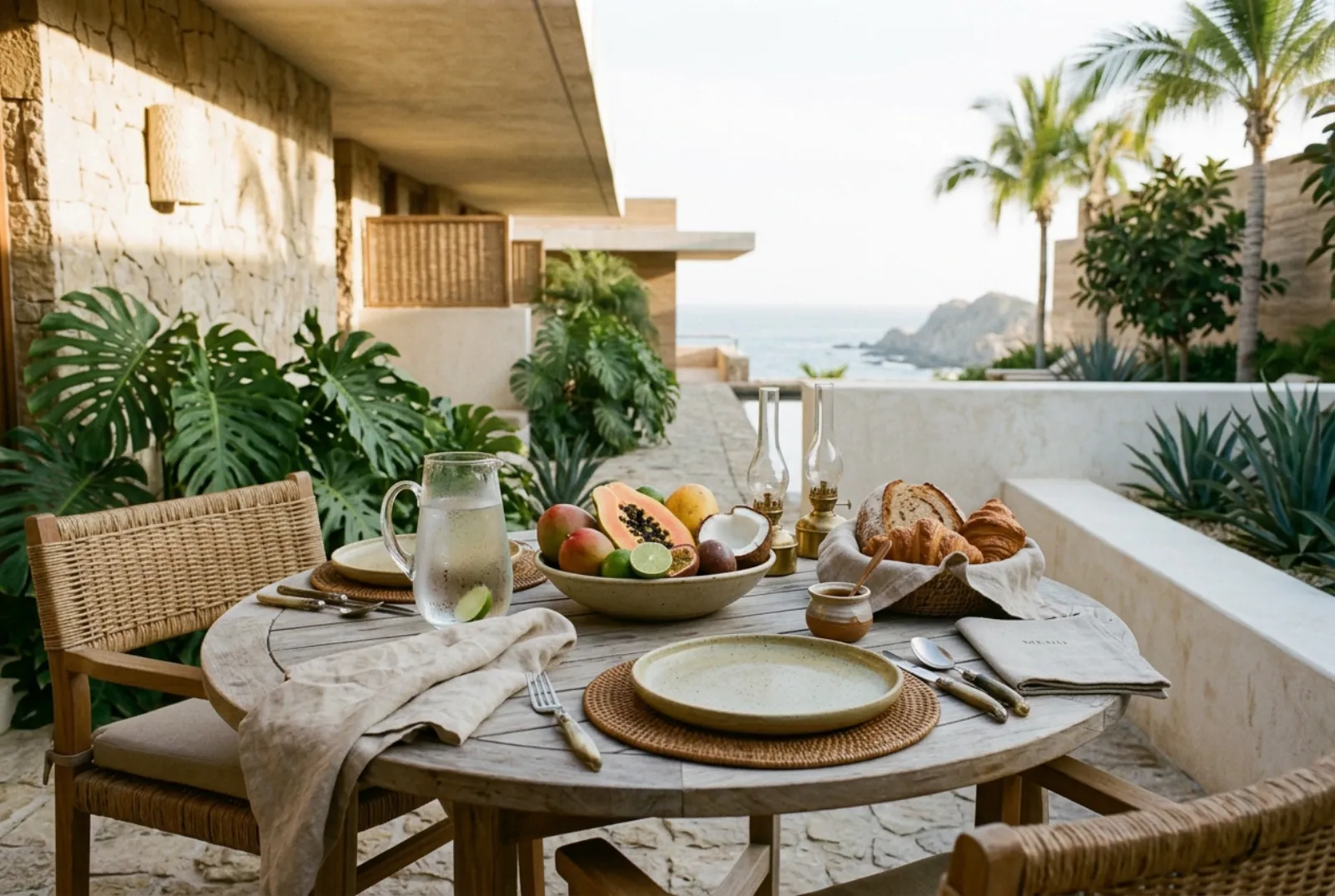 Mesa de desayuno en la terraza con fruta tropical y pan