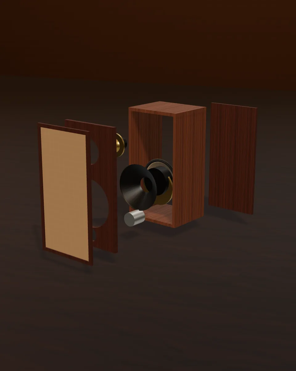 Bocina Orfeo con gabinete, woofer, tweeter y rejilla separados