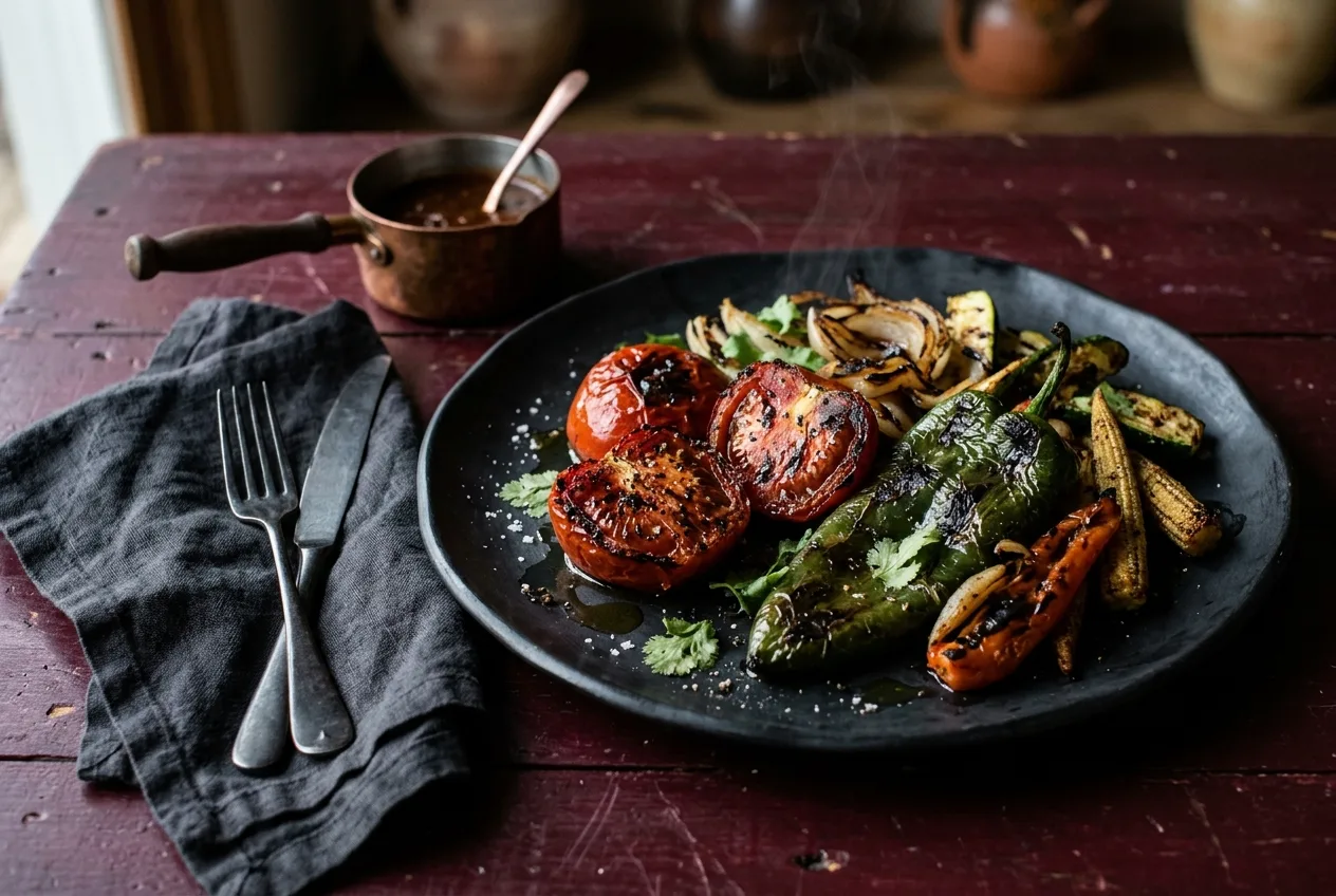Tomates asados, chiles y cebolla sobre un plato de cerámica negra