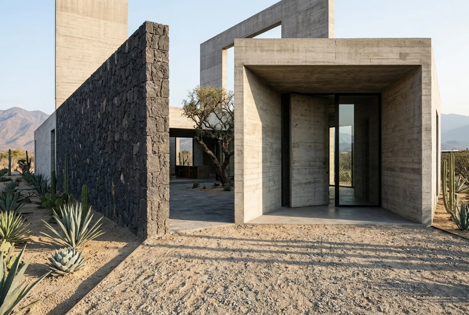 Acceso con muro de piedra volcánica y vestíbulo de concreto