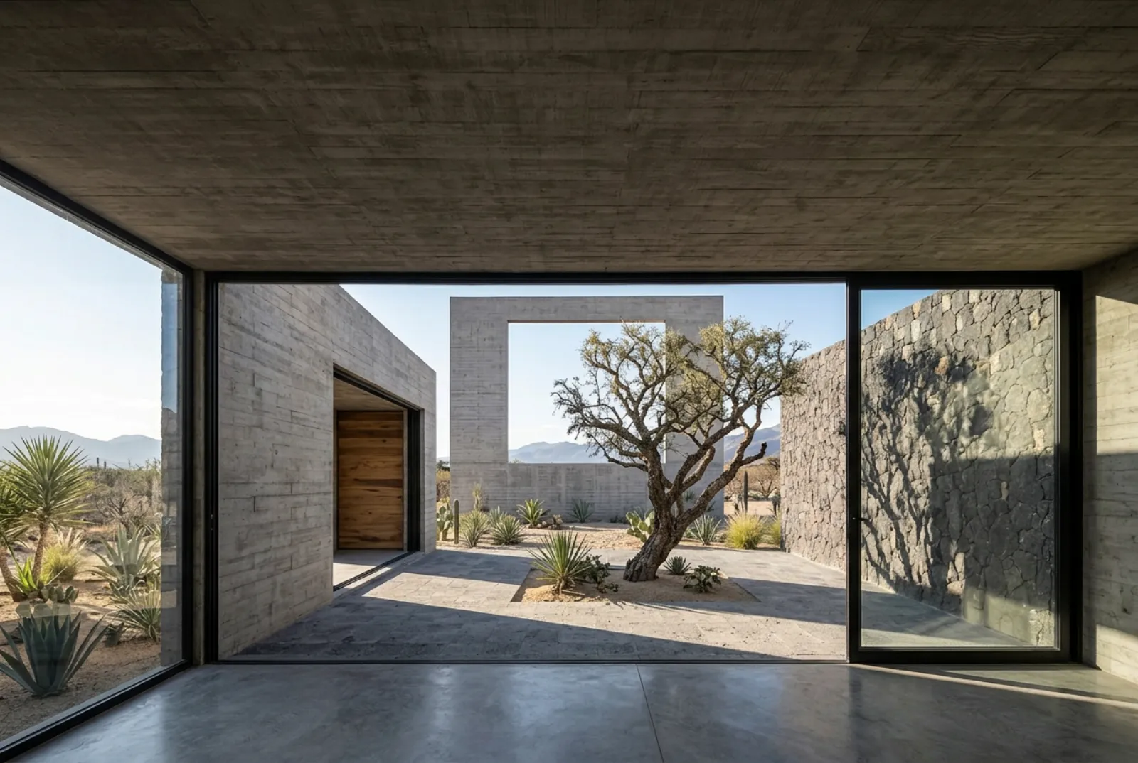 Interior bajo la losa de concreto con vista al patio
